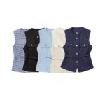 Women's Tweed Waistcoat with Belt, O Neck, Sleeveless, Front Button, Female Outerwear, Chic Tops, Fashion