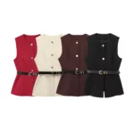 Women's Long Waistcoat with Belt, Front Gold Button, O Neck Sleeveless Vest, Female Outerwear, Chic Tops, Fashion