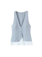 Women's Fashion Striped Patchwork Vest Sleeveless V-Neck Waistcoat Chic Outerwear Front Button Chic Vest Tops