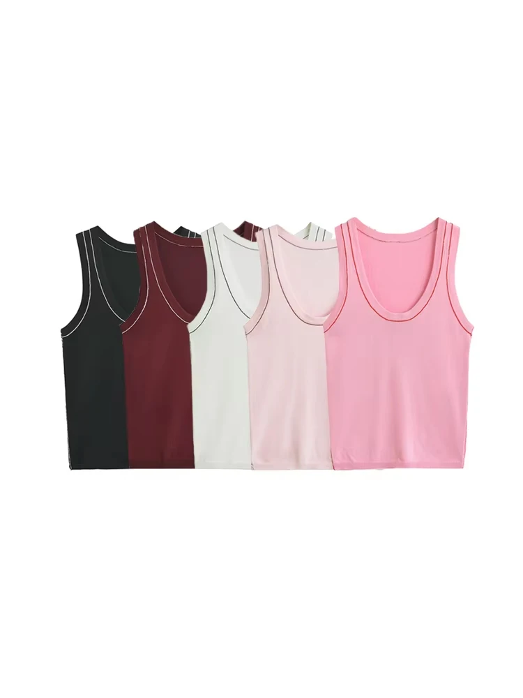 kf-S76085d0dd4f24f08a4017245d21bdba99-1 Women's Sleeveless Knit Tank Tops, V Neck ,Contrast Trims, Female Camis, Chic Vest Fashion - Image 1