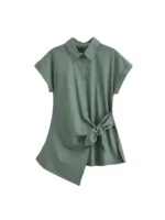 Asymmetric Poplin Shirts for Women, Front Knot with Ties, Short Sleeve, Button-up, Female Blouses, Chic Tops, Fashion - Image 6