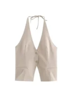 Front Button Tank Tops for Women, Tied Halter Neck, Backless, Female Camis, Sexy Fashion - Image 4