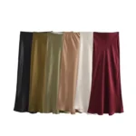 Women's Soft Touch Silk-Like Midi Skirt High Waist Elastic Waistband Chic Fashion Female Skirts Elegant Mujer