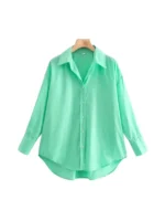 TRZA Women Fashion Office Wear Loose Poplin Solid Shirts Vintage Long Sleeve Button-up Casual Female Blouses Blusas Chic Tops - Image 4