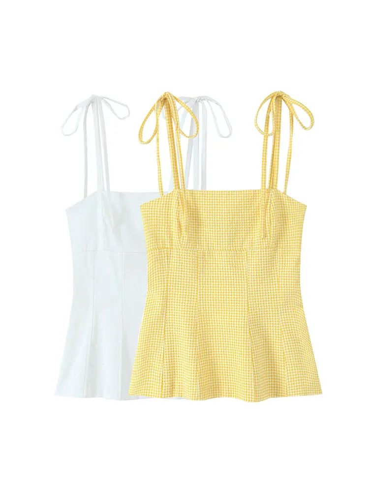 kf-Sb048f0a10beb48fab222b3a943244f493-1 Women's Fashion Bows Fitted Tank Top Straight Neck Thin Straps Camisole Female Fashionable Summer Top - Image 1