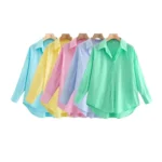 TRZA Women Fashion Office Wear Loose Poplin Solid Shirts Vintage Long Sleeve Button-up Casual Female Blouses Blusas Chic Tops