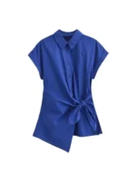 Asymmetric Poplin Shirts for Women, Front Knot with Ties, Short Sleeve, Button-up, Female Blouses, Chic Tops, Fashion - Image 4