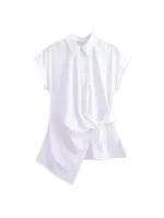 Asymmetric Poplin Shirts for Women, Front Knot with Ties, Short Sleeve, Button-up, Female Blouses, Chic Tops, Fashion - Image 2