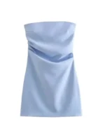 Strapless Draped Mini Dress for Women, Straight Neck, Back Zipper, Female Dresses, Fashion - Image 5
