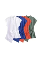 Asymmetric Poplin Shirts for Women, Front Knot with Ties, Short Sleeve, Button-up, Female Blouses, Chic Tops, Fashion