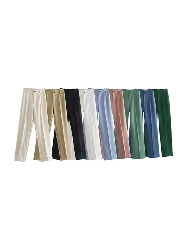 kf-S0ca1f44bbcd44d09b564fbb4c007d747B-1 Women Chic Fashion Office Wear Straight Pants Vintage High Waist Zipper Fly Female Trousers Mujer - Image 1