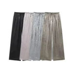 Women's Metallic Straight Pants, High Elastic Waist with Drawstring, Female Trousers, Chic Fashion